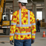 Hi Vis Long Sleeve Shirt Reflective Tapes Orange Neon And Yellow Flowers Custom Name Safety Workwear For Workers, Truckers, Operators