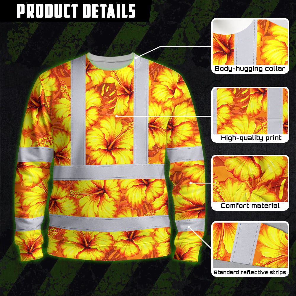 Hi Vis Long Sleeve Shirt Reflective Tapes Orange Neon And Yellow Flowers Custom Name Safety Workwear For Workers, Truckers, Operators