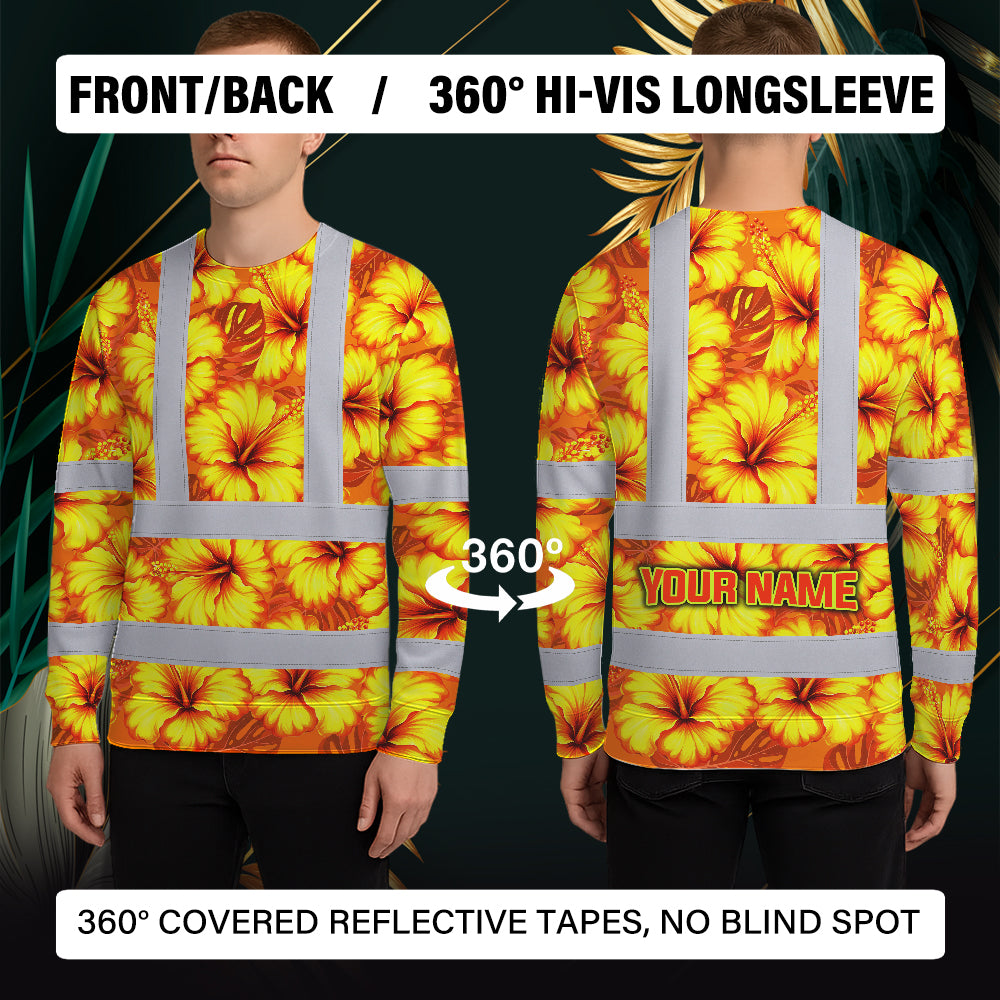 Hi Vis Long Sleeve Shirt Reflective Tapes Orange Neon And Yellow Flowers Custom Name Safety Workwear For Workers, Truckers, Operators