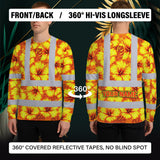 Hi Vis Long Sleeve Shirt Reflective Tapes Orange Neon And Yellow Flowers Custom Name Safety Workwear For Workers, Truckers, Operators