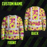 Hi Vis Long Sleeve Shirt Reflective Tapes Pink Neon And Lime Flowers Custom Name Safety Workwear For Workers, Truckers, Operators