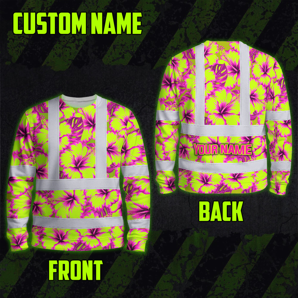 Hi Vis Long Sleeve Shirt Reflective Tapes Pink Neon And Lime Flowers Custom Name Safety Workwear For Workers, Truckers, Operators