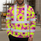 Hi Vis Long Sleeve Shirt Reflective Tapes Pink Neon And Lime Flowers Custom Name Safety Workwear For Workers, Truckers, Operators