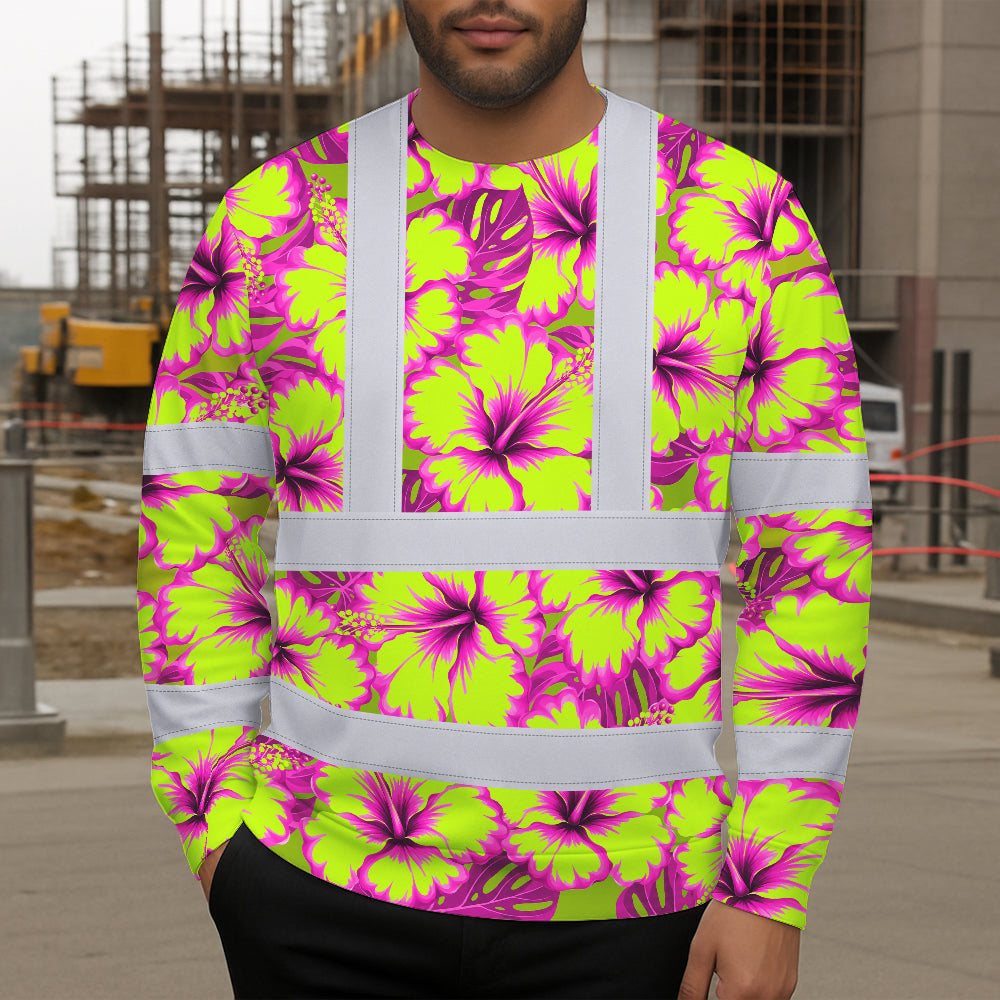 Hi Vis Long Sleeve Shirt Reflective Tapes Pink Neon And Lime Flowers Custom Name Safety Workwear For Workers, Truckers, Operators