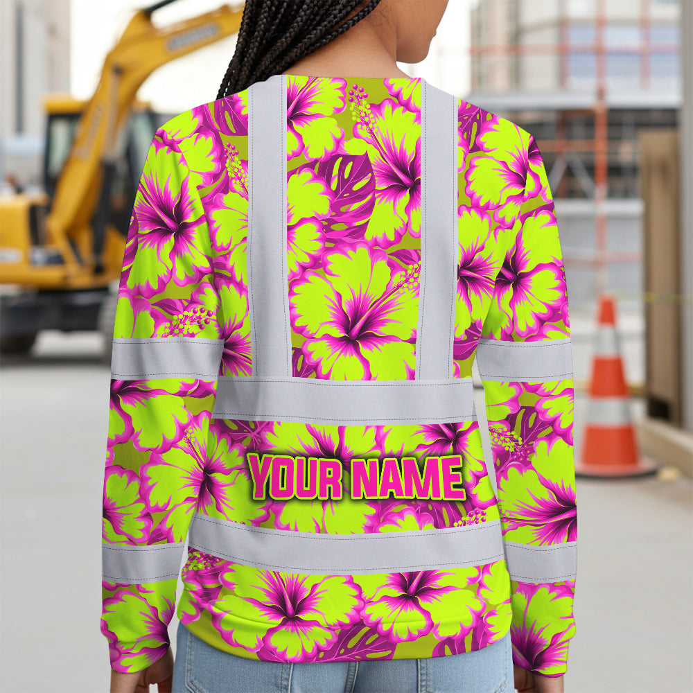 Hi Vis Long Sleeve Shirt Reflective Tapes Pink Neon And Lime Flowers Custom Name Safety Workwear For Workers, Truckers, Operators