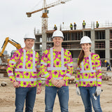 Hi Vis Long Sleeve Shirt Reflective Tapes Pink Neon And Lime Flowers Custom Name Safety Workwear For Workers, Truckers, Operators