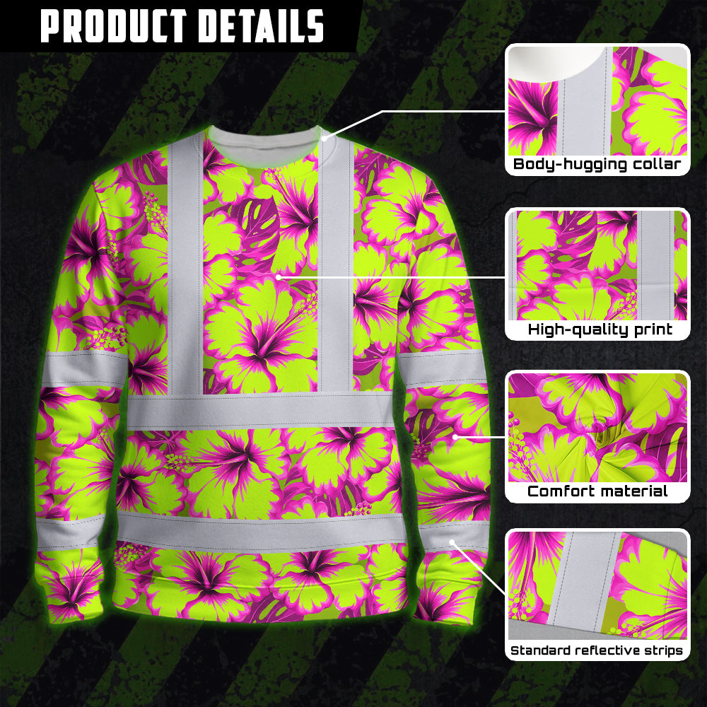 Hi Vis Long Sleeve Shirt Reflective Tapes Pink Neon And Lime Flowers Custom Name Safety Workwear For Workers, Truckers, Operators