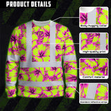 Hi Vis Long Sleeve Shirt Reflective Tapes Pink Neon And Lime Flowers Custom Name Safety Workwear For Workers, Truckers, Operators