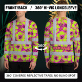 Hi Vis Long Sleeve Shirt Reflective Tapes Pink Neon And Lime Flowers Custom Name Safety Workwear For Workers, Truckers, Operators