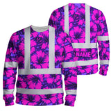 Hi Vis Long Sleeve Shirt Reflective Tapes Violet Neon And Pink Flowers Custom Name Safety Workwear For Workers, Truckers, Operators