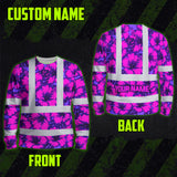 Hi Vis Long Sleeve Shirt Reflective Tapes Violet Neon And Pink Flowers Custom Name Safety Workwear For Workers, Truckers, Operators