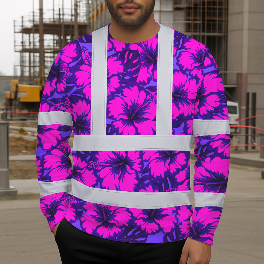 Hi Vis Long Sleeve Shirt Reflective Tapes Violet Neon And Pink Flowers Custom Name Safety Workwear For Workers, Truckers, Operators