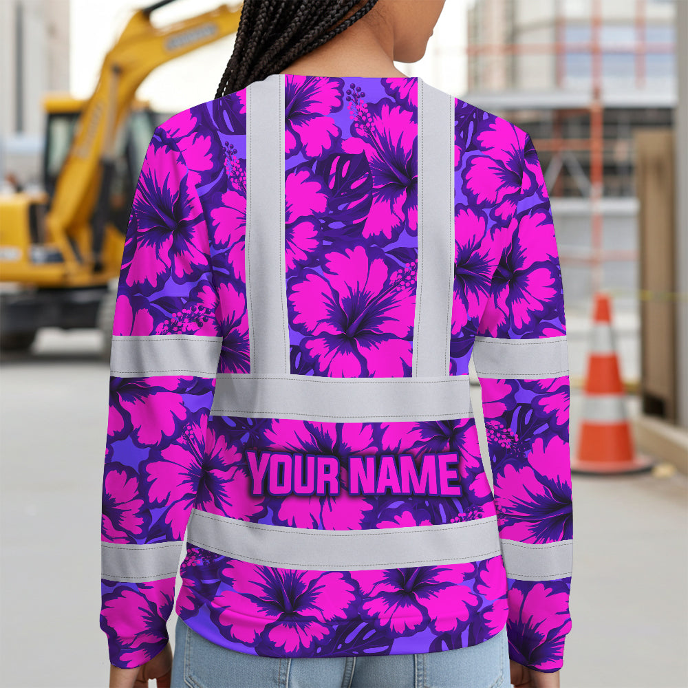 Hi Vis Long Sleeve Shirt Reflective Tapes Violet Neon And Pink Flowers Custom Name Safety Workwear For Workers, Truckers, Operators