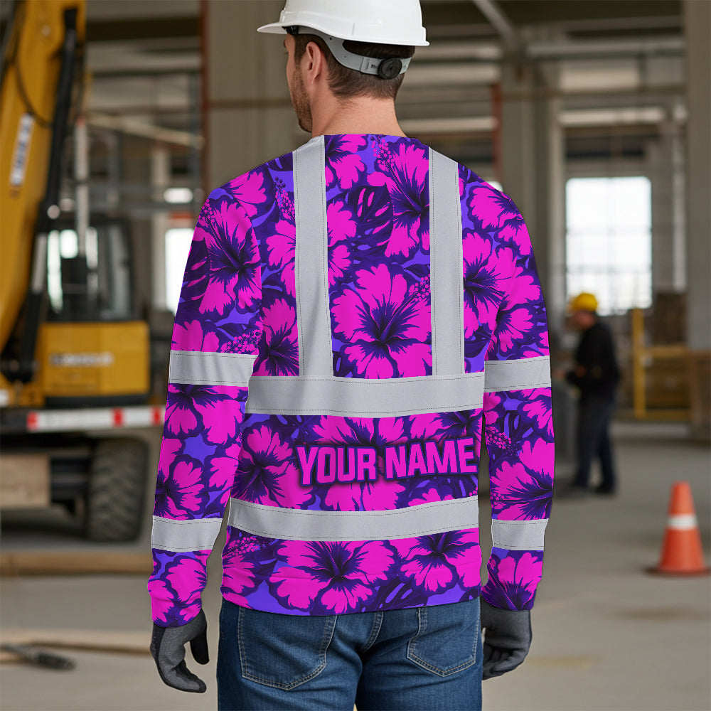 Hi Vis Long Sleeve Shirt Reflective Tapes Violet Neon And Pink Flowers Custom Name Safety Workwear For Workers, Truckers, Operators