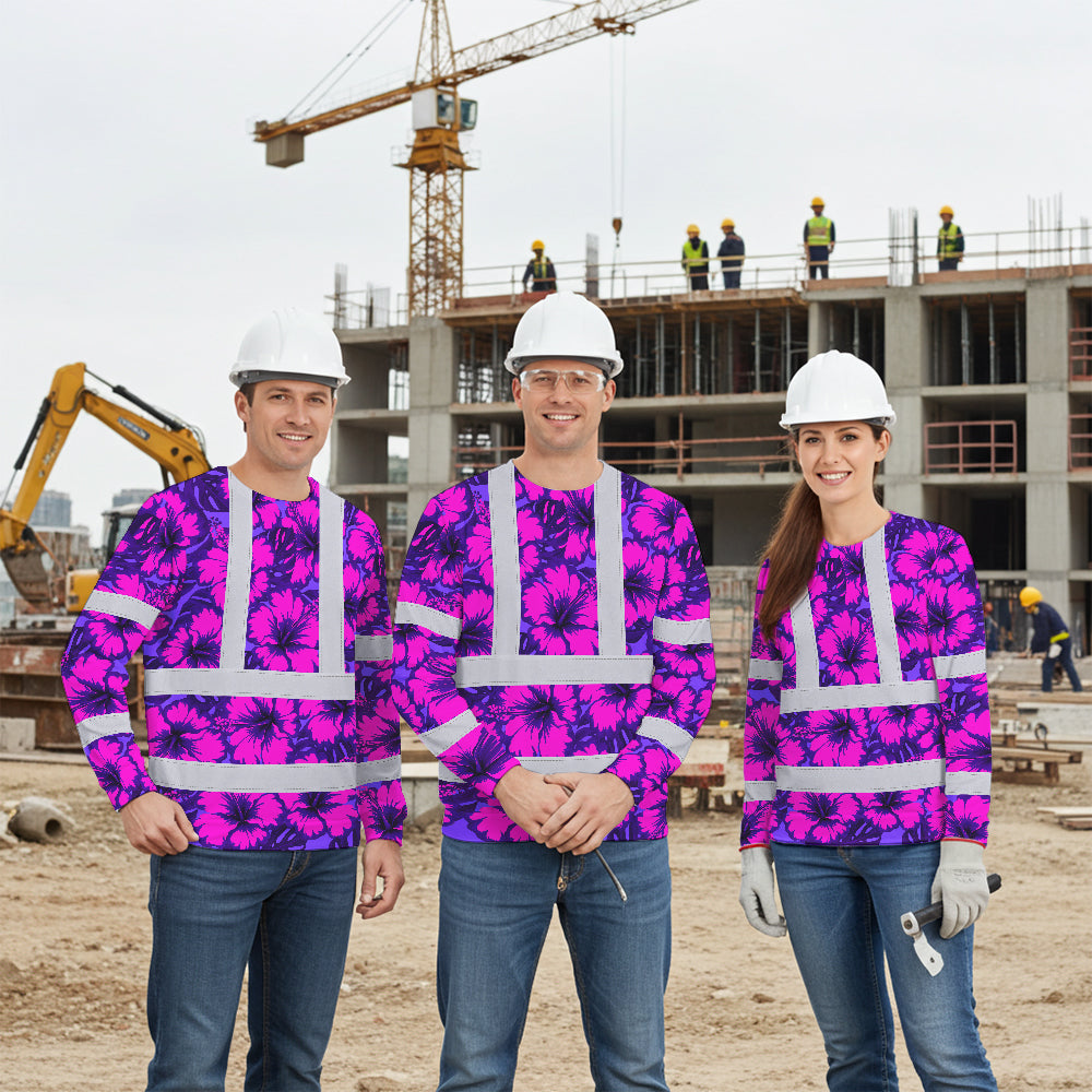Hi Vis Long Sleeve Shirt Reflective Tapes Violet Neon And Pink Flowers Custom Name Safety Workwear For Workers, Truckers, Operators