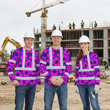 Hi Vis Long Sleeve Shirt Reflective Tapes Violet Neon And Pink Flowers Custom Name Safety Workwear For Workers, Truckers, Operators