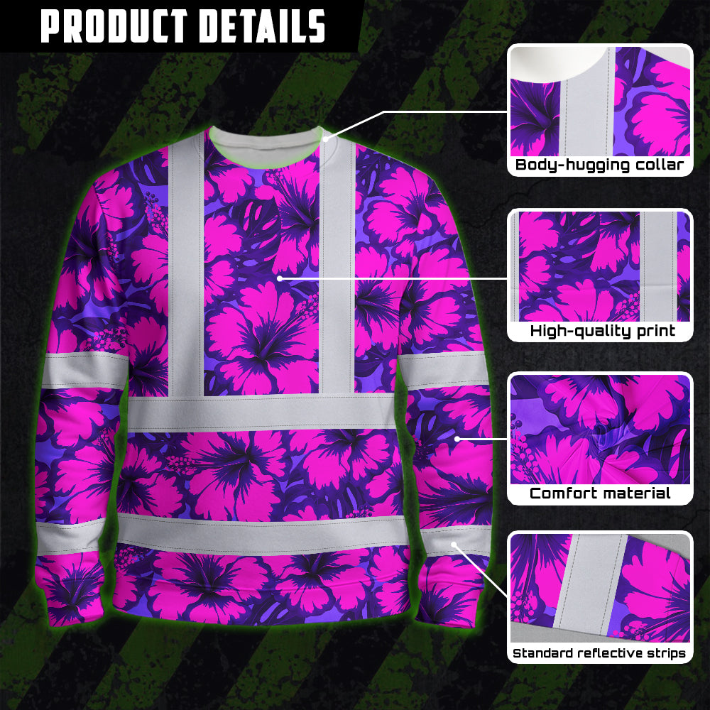 Hi Vis Long Sleeve Shirt Reflective Tapes Violet Neon And Pink Flowers Custom Name Safety Workwear For Workers, Truckers, Operators