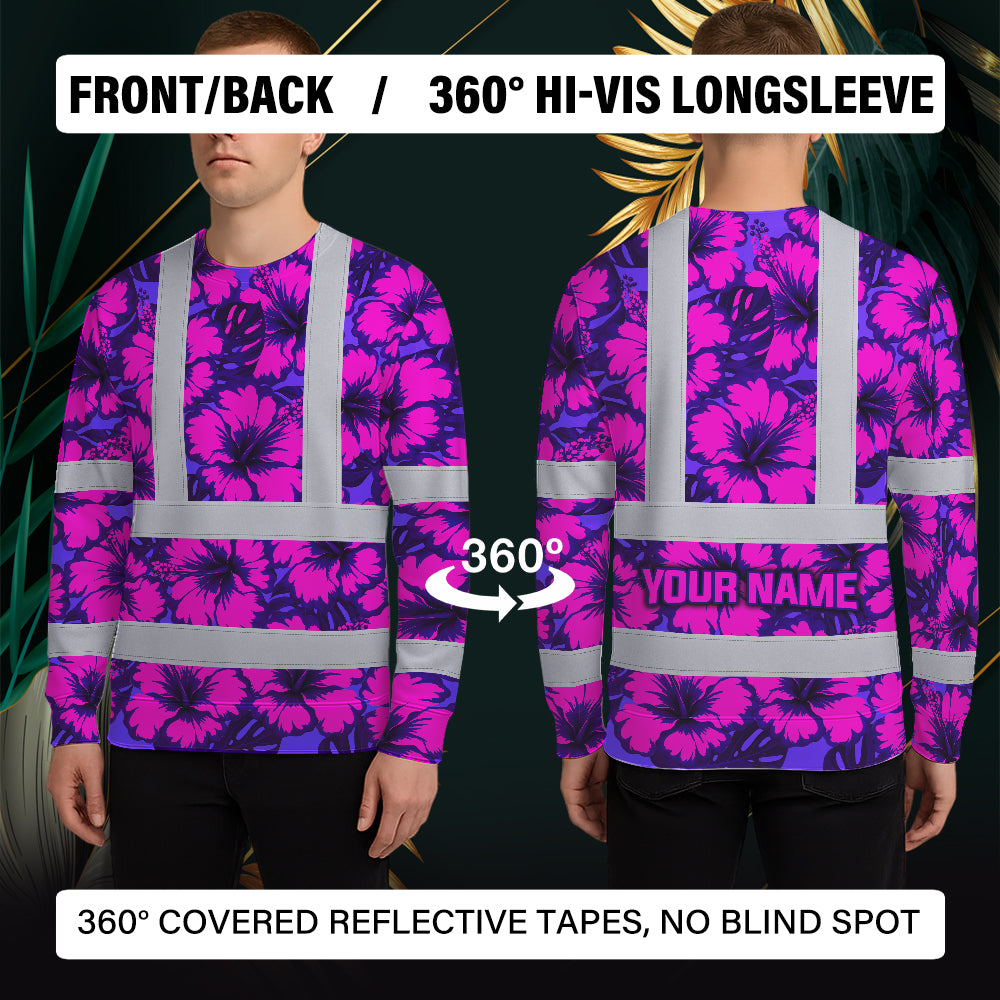 Hi Vis Long Sleeve Shirt Reflective Tapes Violet Neon And Pink Flowers Custom Name Safety Workwear For Workers, Truckers, Operators
