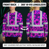 Hi Vis Long Sleeve Shirt Reflective Tapes Violet Neon And Pink Flowers Custom Name Safety Workwear For Workers, Truckers, Operators