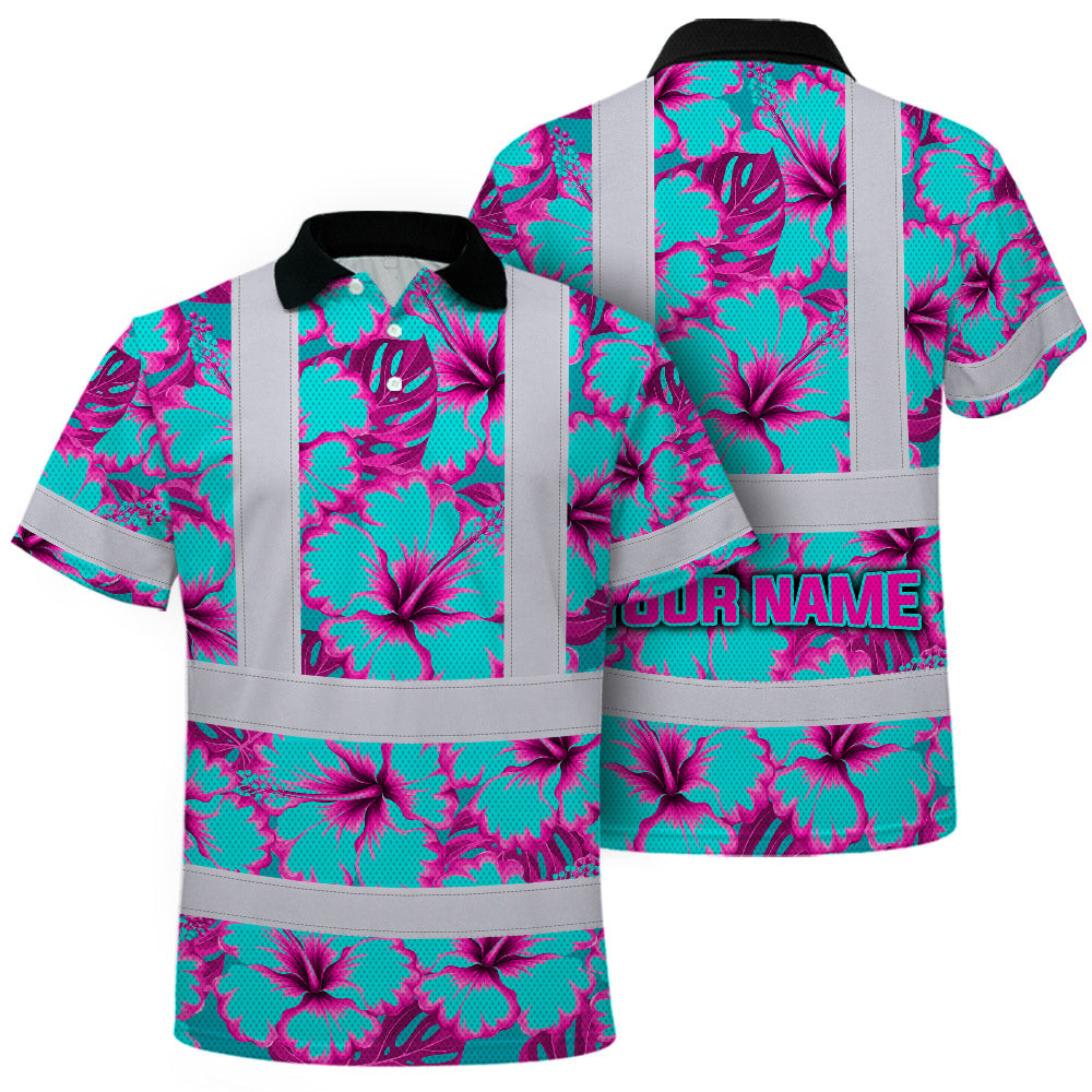 Hi Vis Polo Shirt Reflective Tapes Blue Neon And Pink Flowers Custom Name Safety Workwear For Workers, Truckers, Operators