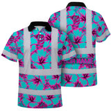 Hi Vis Polo Shirt Reflective Tapes Blue Neon And Pink Flowers Custom Name Safety Workwear For Workers, Truckers, Operators