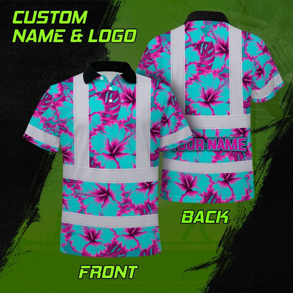 Hi Vis Polo Shirt Reflective Tapes Blue Neon And Pink Flowers Custom Name Safety Workwear For Workers, Truckers, Operators