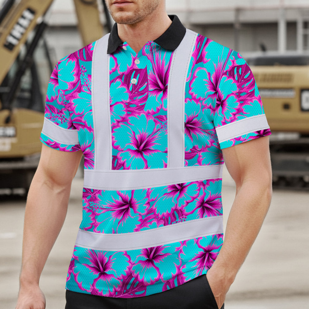 Hi Vis Polo Shirt Reflective Tapes Blue Neon And Pink Flowers Custom Name Safety Workwear For Workers, Truckers, Operators