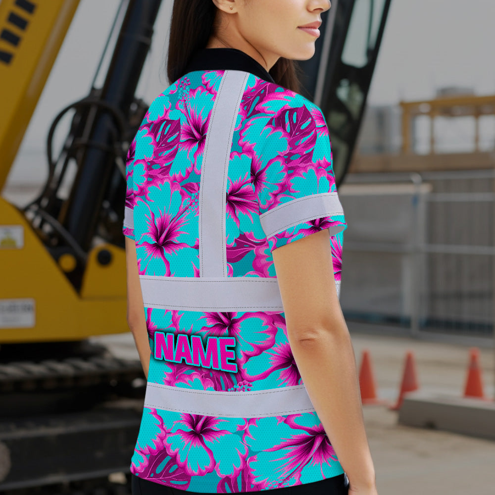 Hi Vis Polo Shirt Reflective Tapes Blue Neon And Pink Flowers Custom Name Safety Workwear For Workers, Truckers, Operators