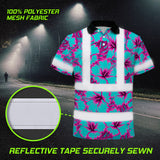 Hi Vis Polo Shirt Reflective Tapes Blue Neon And Pink Flowers Custom Name Safety Workwear For Workers, Truckers, Operators