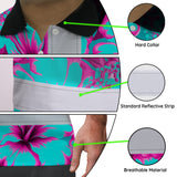 Hi Vis Polo Shirt Reflective Tapes Blue Neon And Pink Flowers Custom Name Safety Workwear For Workers, Truckers, Operators