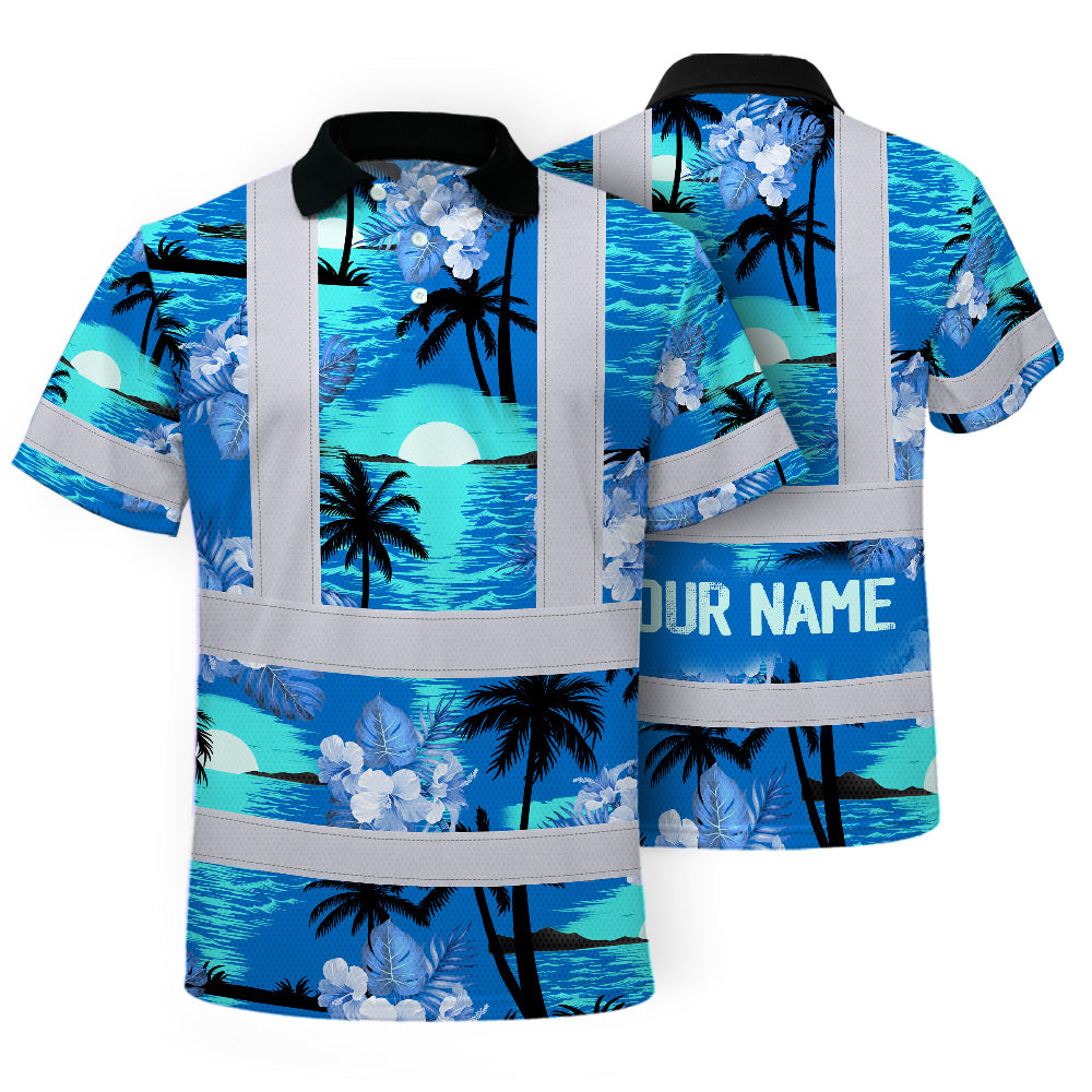 Hi Vis Polo Shirt Reflective Tapes Blue Neon Flowers 4 Custom Name