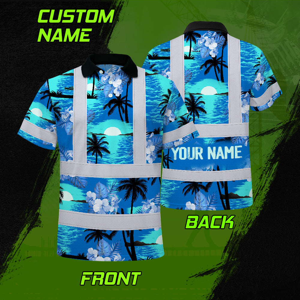Hi Vis Polo Shirt Reflective Tapes Blue Neon Flowers 4 Custom Name