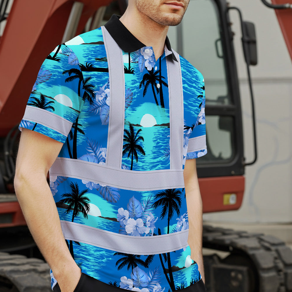 Hi Vis Polo Shirt Reflective Tapes Blue Neon Flowers 4 Custom Name