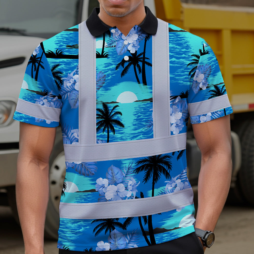 Hi Vis Polo Shirt Reflective Tapes Blue Neon Flowers 4 Custom Name