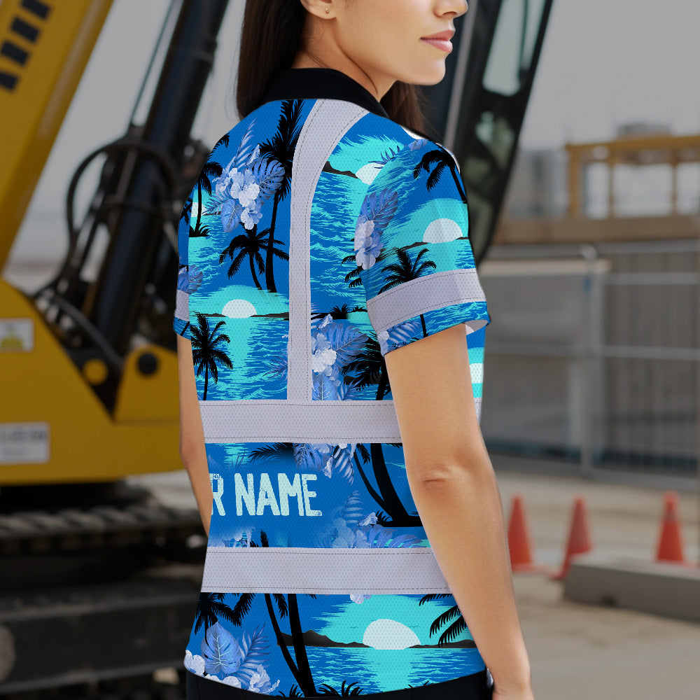 Hi Vis Polo Shirt Reflective Tapes Blue Neon Flowers 4 Custom Name