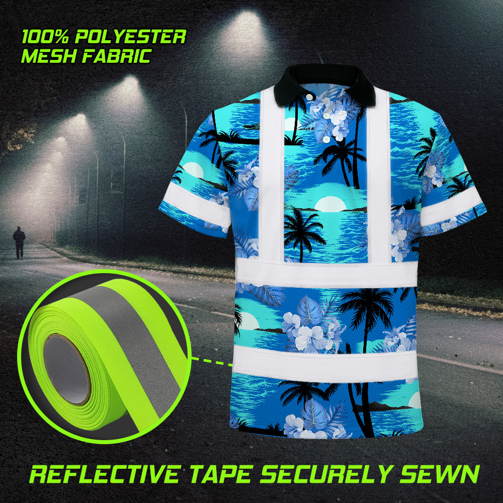 Hi Vis Polo Shirt Reflective Tapes Blue Neon Flowers 4 Custom Name
