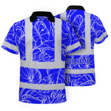 Hi Vis Polo Shirt Reflective Tapes Blue Neon Flowers Custom Name Safety Workwear For Workers, Truckers, Operators