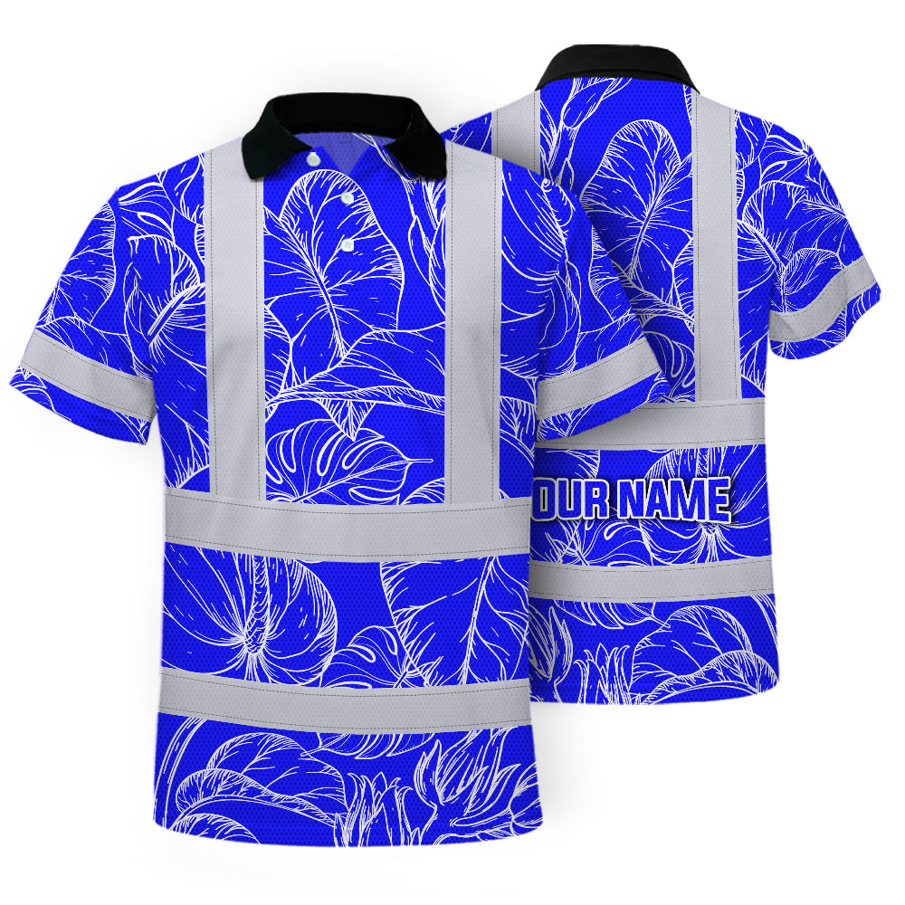 Hi Vis Polo Shirt Reflective Tapes Blue Neon Flowers Custom Name Safety Workwear For Workers, Truckers, Operators