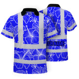 Hi Vis Polo Shirt Reflective Tapes Blue Neon Flowers Custom Name Safety Workwear For Workers, Truckers, Operators