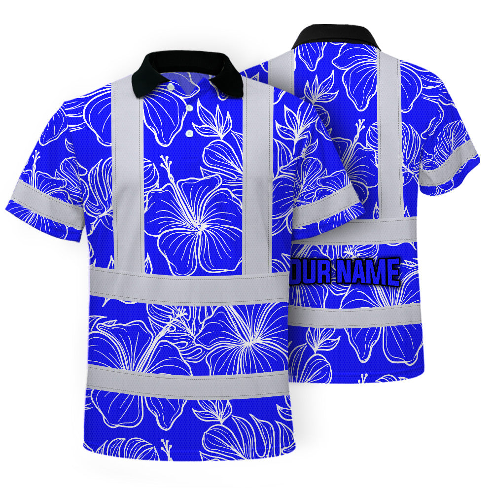 Hi Vis Polo Shirt Reflective Tapes Blue Neon Flowers Custom Name Safety Workwear For Workers, Truckers, Operators