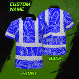 Hi Vis Polo Shirt Reflective Tapes Blue Neon Flowers Custom Name Safety Workwear For Workers, Truckers, Operators