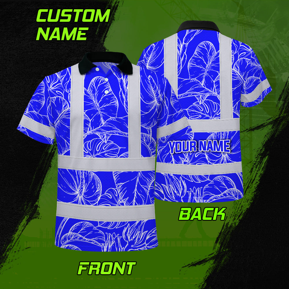 Hi Vis Polo Shirt Reflective Tapes Blue Neon Flowers Custom Name Safety Workwear For Workers, Truckers, Operators