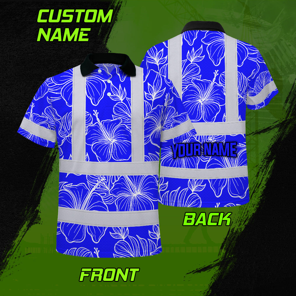 Hi Vis Polo Shirt Reflective Tapes Blue Neon Flowers Custom Name Safety Workwear For Workers, Truckers, Operators