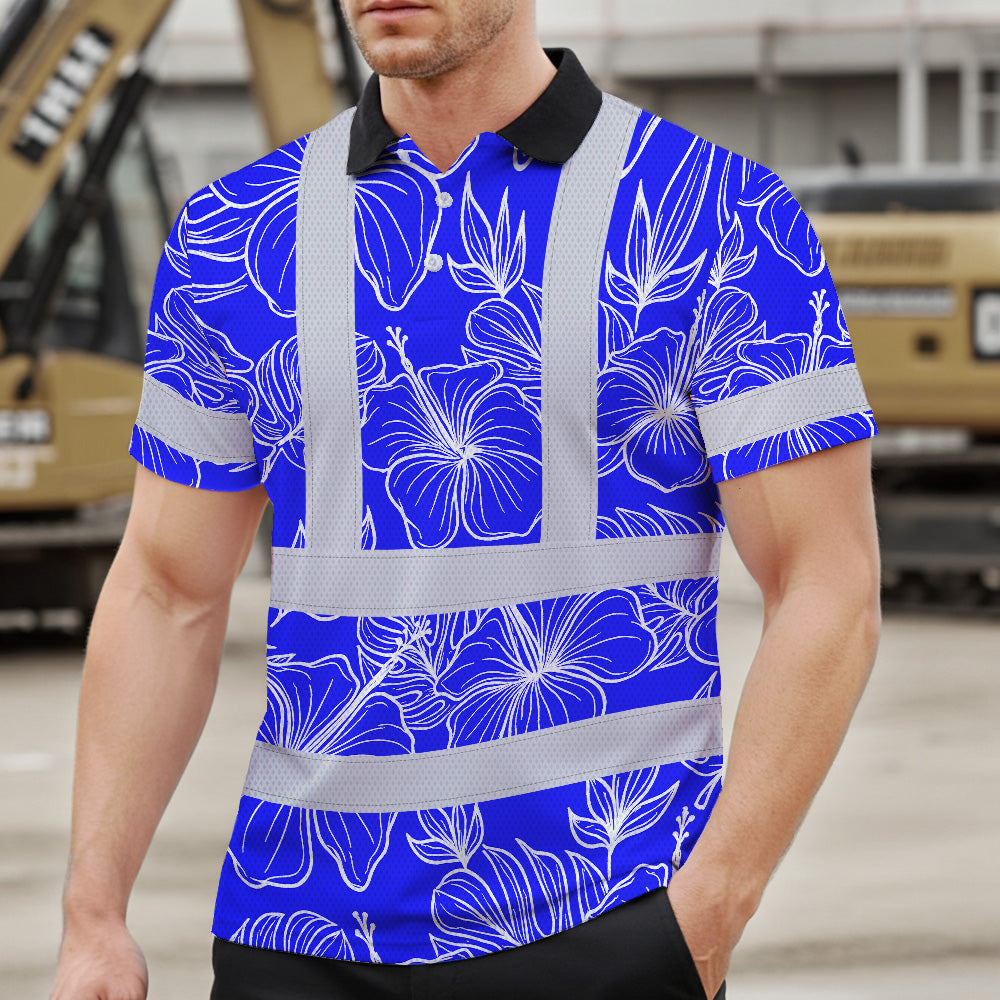 Hi Vis Polo Shirt Reflective Tapes Blue Neon Flowers Custom Name Safety Workwear For Workers, Truckers, Operators