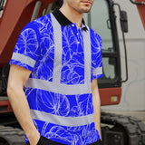 Hi Vis Polo Shirt Reflective Tapes Blue Neon Flowers Custom Name Safety Workwear For Workers, Truckers, Operators