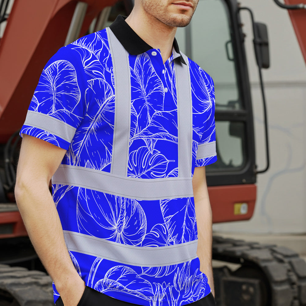 Hi Vis Polo Shirt Reflective Tapes Blue Neon Flowers Custom Name Safety Workwear For Workers, Truckers, Operators