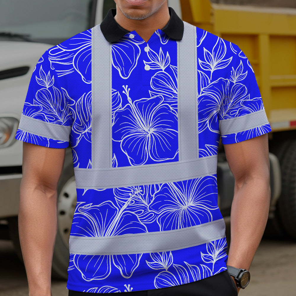 Hi Vis Polo Shirt Reflective Tapes Blue Neon Flowers Custom Name Safety Workwear For Workers, Truckers, Operators