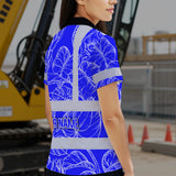Hi Vis Polo Shirt Reflective Tapes Blue Neon Flowers Custom Name Safety Workwear For Workers, Truckers, Operators