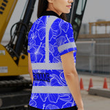 Hi Vis Polo Shirt Reflective Tapes Blue Neon Flowers Custom Name Safety Workwear For Workers, Truckers, Operators