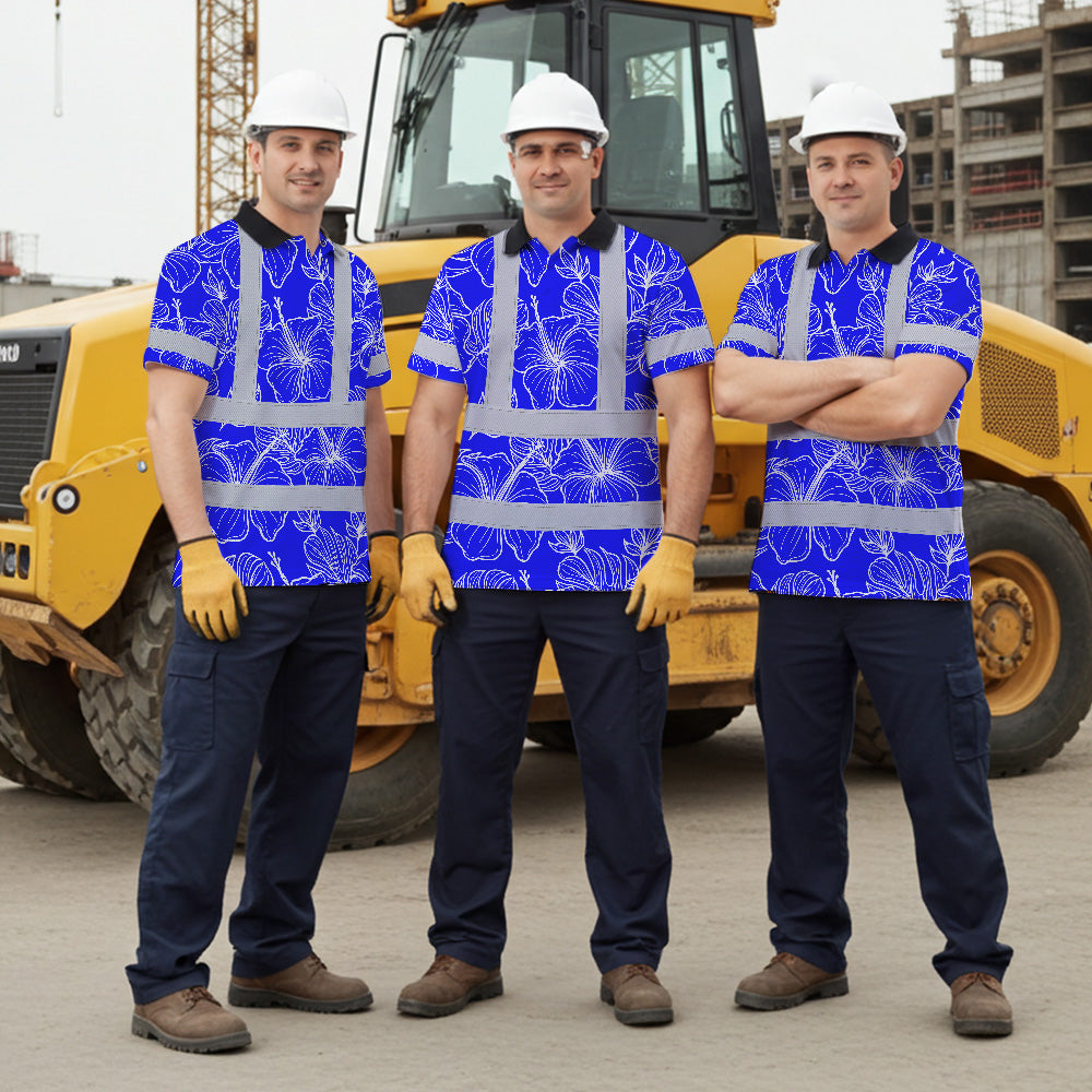 Hi Vis Polo Shirt Reflective Tapes Blue Neon Flowers Custom Name Safety Workwear For Workers, Truckers, Operators